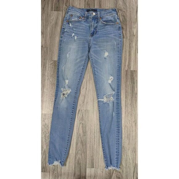 (3/$35) Aero Size 0 Pockets Whiskered Distressed High Rise Denim Blue Jeans - Picture 1 of 11